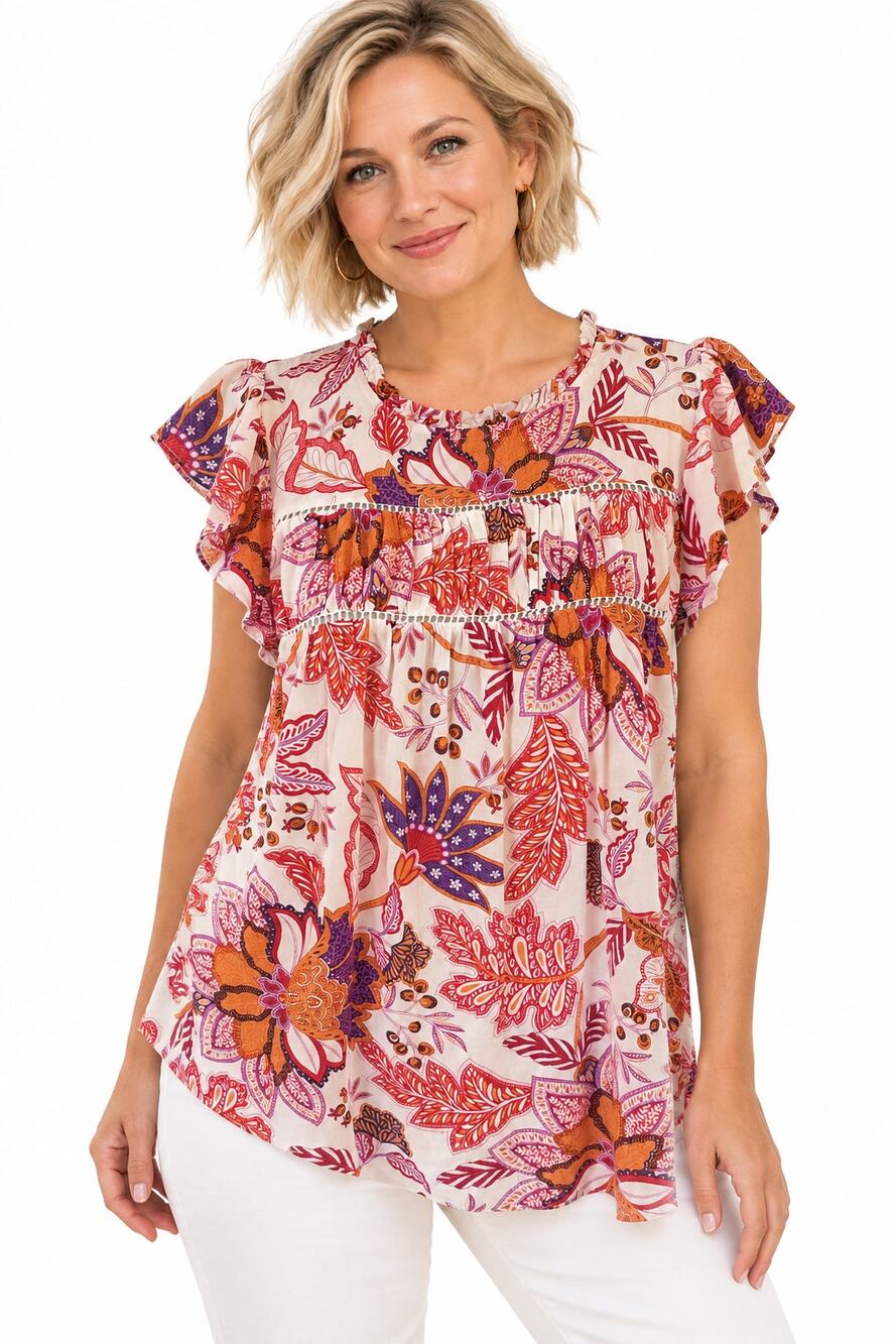 Rose & Olive Colorful Flutter Sleeve Top Womens Medium Floral Boho Blouse